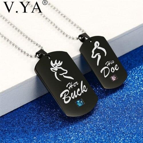 V.Ya Black Stainless Steel DIY Engrave Couple Necklaces Her Beast & His Beauty Rose Sun Deer Tag Pendant Necklace Stone Dropship