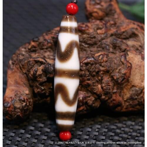 Magic Tibetan Oily Old Agate Patina double tiger-tooth dZi Bead Amulet Power 58mm timestown