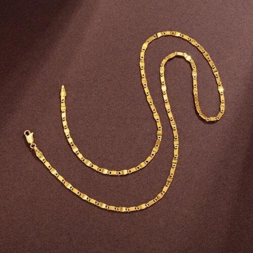 XP Jewelry -- ( 50 cm x 3 mm ) 24 k Pure Gold Color Square chain Necklaces For Men Women Fashion Jewelry Good Quality