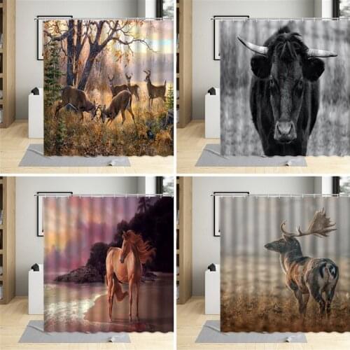 Wild Animal Shower Curtain Highland Cattle Cow Horse Elk Autumn Scenery Pattern Bathroom Decoration Polyester Cloth Curtains Set
