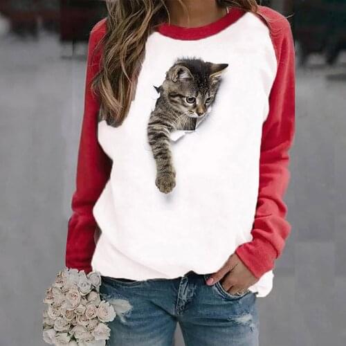 40# 3d Cat Print Womens T-shirts Casual Sexy Pullover Sweatshirt Long Sleeve Sweater T-shirt Patchwork Cartoon Spring T-shirt