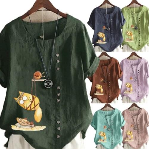 Womens Summer New Fashion Casual Linen Shirt Round Neck Cartoon Printed T-shirt Short Sleeve Tops Loose Blouse S-5XL