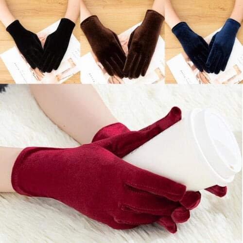 Women Short Velvet Full Finger Gloves Shiny Solid Color Gown Opera Banquet Dress Party Dance Elastic Stretchy Wrist
