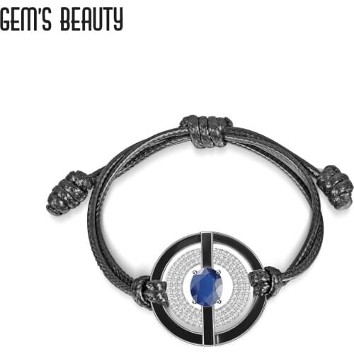 GEMS BEAUTY 925 Sterling Silver Enamel Jewelry Bracelet For Women Oval Cut Diffusion Sapphire Handmade Wax Rope Bracelet