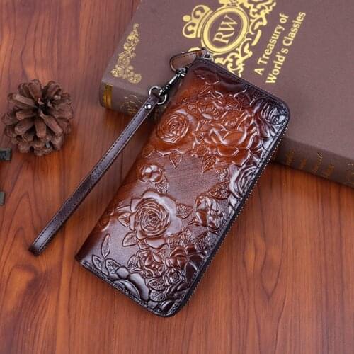 Genuine Leather Women Purse Clutch Handy Bag Printing Rose floral Real Cowhide Female Ladies Card Retro Money Clips Long Wallet