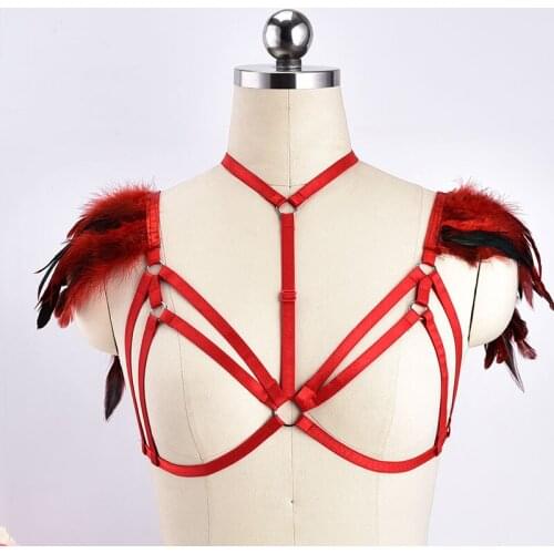 Harajuku Red Burlesque Bra Elegant Rave Gothic Feathers Harness Festival Tops Bondage Lingerie Women Fetish Wear Bodysuit BDSM