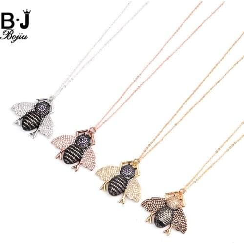 BOJIU Bohemian Long Honeybee Pendant Necklaces Women Adjustable Gold-color Silvery Rose Gold Chain Bee Insect Necklaces NKS220