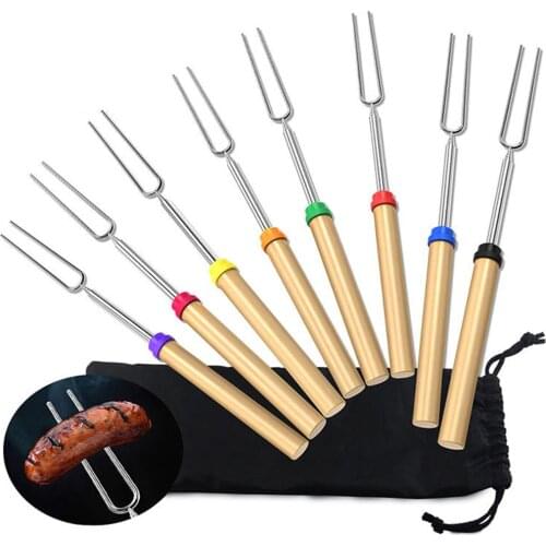 8PC Stainless Steel Barbecue Skewers Adjustable Wooden Handle BBQ Roaster Telescoping Reusable Outdoor Camping Picnic BBQ Tool