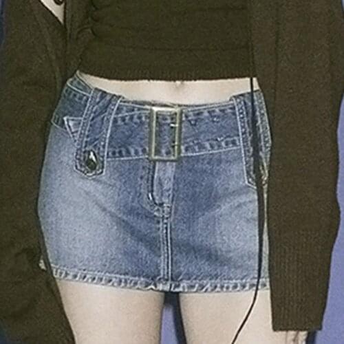 Y2K Belt Mini Denim Skirt Korean Low Waist Skirt Straight Vintage Sexy Fantasy Short Skirt Summer Harajuku Sexy Womens Jeans