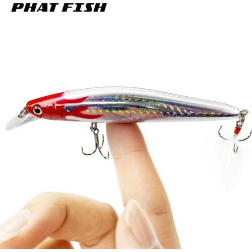 PHAT FISH 1pc 12cm 14g Feathered Treble Hooks Minnow Hard ABS Plasitc Bass Fishing Floating Lure