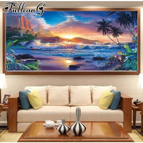 FULLCANG Sunset natural sea landscape large diamond painting 5d diy full square round drill mosaic embroidery sale decor FC3432