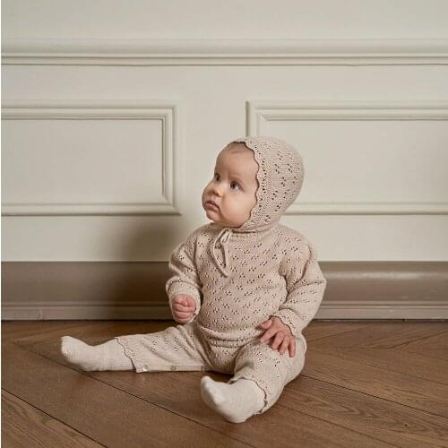 5427 Hot Sale Baby Hollow Out Bodysuit Hollow Out Long Sleeve Knitted One-piece Suit With Hat Lace Baby Girl Princess Clothes