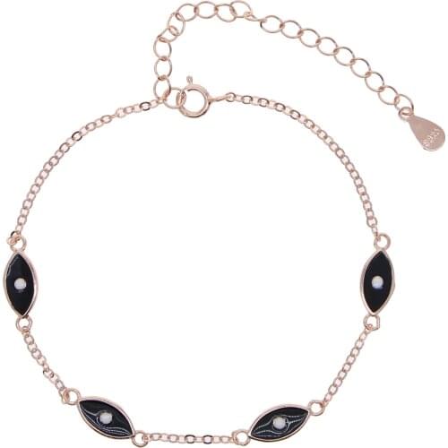 Fine 925 Sterling Silver Evil Eye Charm Bracelet Black Enamel Cute Lovely Lucky Turkish Eye Women Jewelry