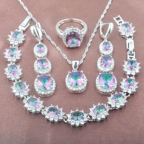 Wedding Jewelry Rainbow Cubic Zirconia Silver Plated Jewelry Sets For Women Natural Crystal Earrings Rings Bracelet YZ0574