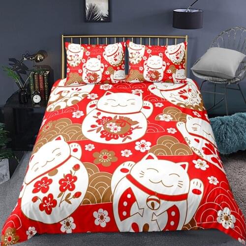 Lucky Cat Bedding Set Cute Japanese Style Cartoon Comforter 3D Print Luxury Duvet Cover Set Home Textile Queen King Single Size