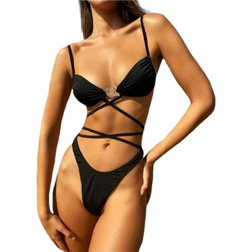 2 Pcs Womans Bikini Swimwear Set Sexy Diamond Heart Button Lace-up Sling Bra Solid Color Elastic Panties Two-Piece Suits