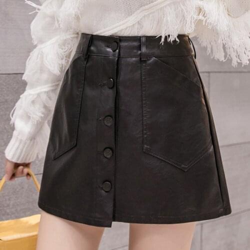 Leather skirt short length autumn womens 2020 new fashion front buttons a-line shorts short skirt high waist pockets shorts