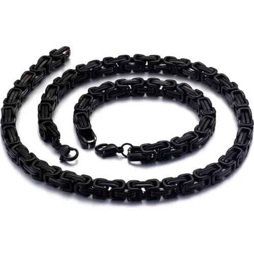GNAYY Jewelry set Black Plated Stainless steel 5mm/6mm/8mm Choose King Byzantine Chain Bracelet & Necklace Set Unisex Nice Gifts