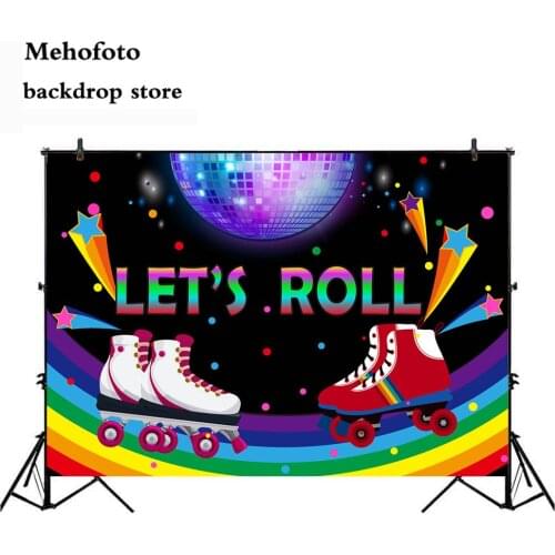 Mehofoto Neon Roller Skate Theme Backdrop Pink Skating Party Photography Background Vinyl Lets Roll Glow Skate Party Banner 981
