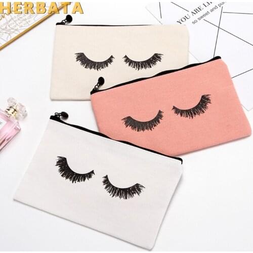 Hot model eyelashes printing pencil case canvas cosmetic bag multi-purpose cell phone pocket travel storage bag zipper purse