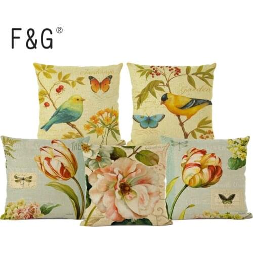 Hand Painting Birds and Flowers Cushion Cover Vintage Birds Cage Floral Linen Decorative Pillows Cover for Sofa Decoration