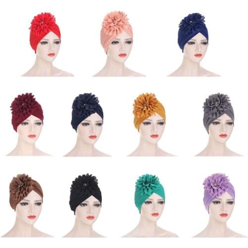 Flower Beads Pleated Turban Hat Indian Headscarf Sleep Hat Muslim Women Hijab Bonnet Hat Night Cap Head Cover Head Accessories