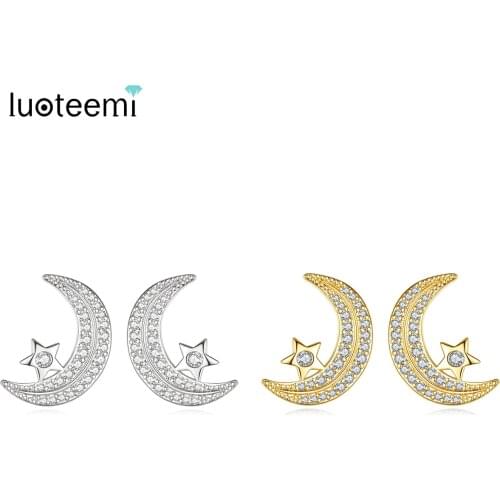 LUOTEEMI Crescent Moon Stud Earrings for Women Dating Party Birthday Cute Star Cubic Zirconia Fashion Jewelry Christmas Gifts