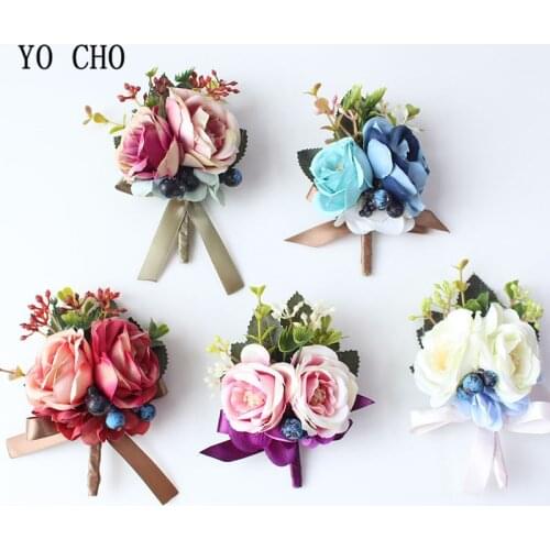 YO CHO Corsages Bridal Artificial Silk Rose Wrist flowers Bracelet White Blue Groom Wedding Boutonniere Prom Party Meeting Decor