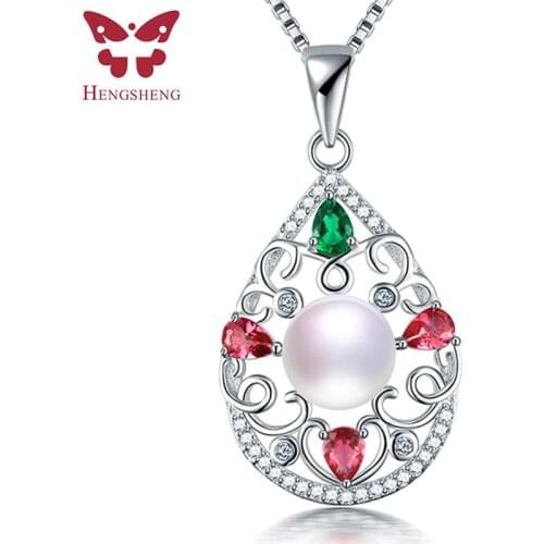 HENGSHENG Women Jewelry 925 Sterling Silver Colorful Zircon Pendant Necklace 100% Genuine Natural Freshwater Pearl Pendant