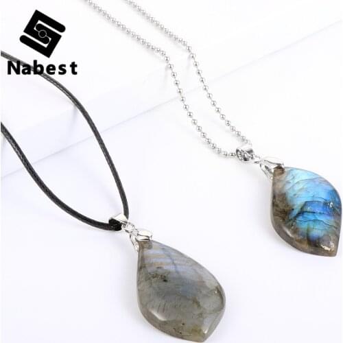 Women Men Natural Stone Labradorite Pendant Necklace Irregular Moon Stones Waxed Rope/Alloy Ball Clavicle Chain Energy Jewelry