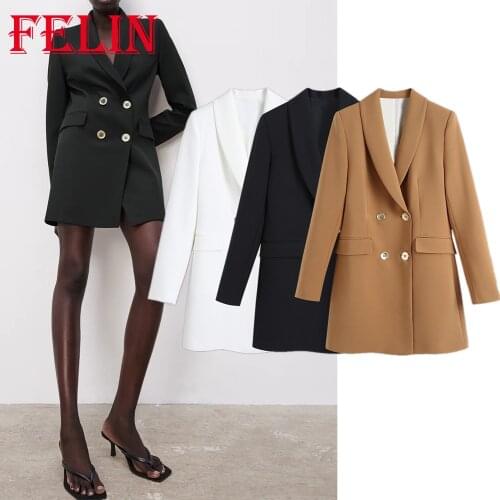 Womens Office Lady Blazer Za Fashion 2021 Double Breasted Chic Long Jackets Women Long Sleeve Elegant Spring Blazer V Neck Tops