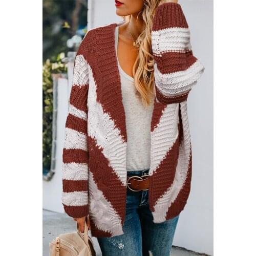 Khaki Color Block Open Front Knitted Cardigan Sweaters Top Women Colorblock Casual Open Front Loose Cardigan Autumn Winter Tops