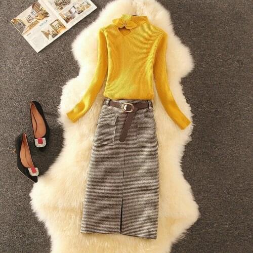 2021 Spring Autumn Knitted 2 Piece Set Women Sets Long Sleeve Round Neck Pullover Sweater + Lady Knitting Skirt Suit X88