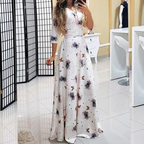 Boho Women Summer V-Neck Maxi Dress Sweet 3/4 Sleeve Floor-Length Floral Sundress Pullover Lace Up Travel Look Bohemian Dresses