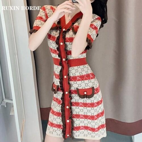 Elegant Temperament V-Neck Button Commuter Retro Short-Sleeved 2021 Summer Ladies New Fashion Striped Pattern Beautiful Dress