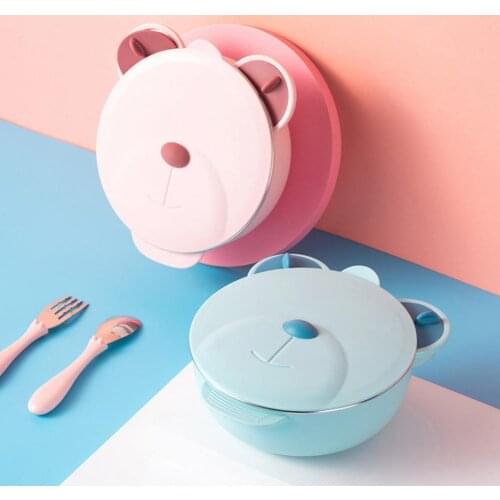 2 Colors Creative Kids Bowl with Cover Anti-scald Reusable Stainless Steel Insulated Toddler Dish Multifunctional Tableware