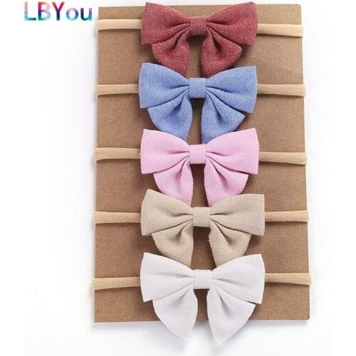 5pcs/lot Girls Nylon Headbands Handmade Cotton Linen Bows Elastic Stretchy Nylon Hairbands Kids Girls Knotbow Hair Accessories