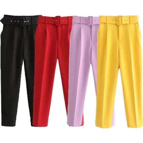 TRAF Za Women Pants Fashion High waist Pants Brown Black Woman Trousers office Beige Streetwear Trousers 2021 Female clothing
