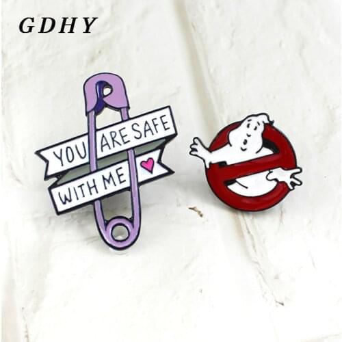GDHY Ghostbusters Ghost pins And Safety pin Brooch White Ghost Movie Logo Enamel Pin Badges Halloween Jewelry pins For Women