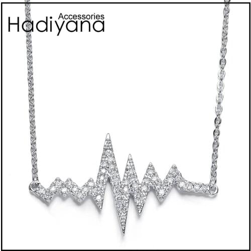 HADIYANA Cubic Zircon Hook Heartbeat Shape Stones Brand Design Pendant Necklace White Gold Lady Crystal Punk Fashion XL212