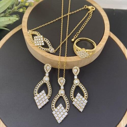 Lanyika Fashion Jewelry Set Simpleness Geometry Micro Pave Necklace with Earring, Bracelet and Ring for Woman Wedding Party Gift