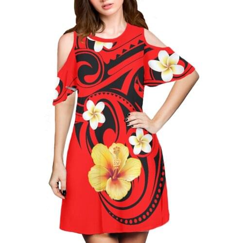 Hycool Dark Green Polynesian Hibiscus Print Women Casual Dress Summer Lady Elegant Midi Dresses Short Sleeve Dresses Women Gowns