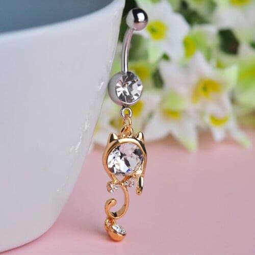 Cute Austrian Crystal Piercing Cat Kitty Cartoon Dangle Navel Piercing Umbigo Body Jewelry Piercing Party Attraction Bijoux