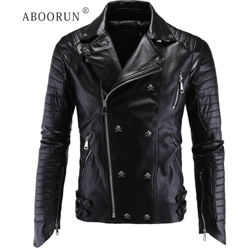 ABOORUN Mens Fashion Punk Leather Jacket Skull Rivets Motor Leather Jacket R1205