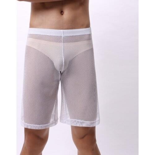 Mens Boxer Shorts Lingerie Mesh Transparent Loose Casual Male Underwear Hollow Out See Through Sexy Gay Boxershorts Nightwear