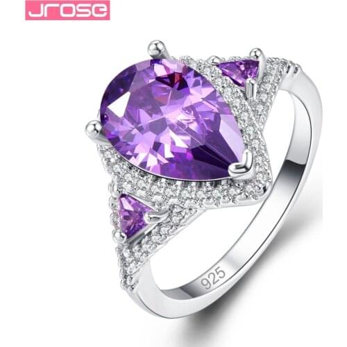 JROSE Classic Mens Fashion Water drop Pear Cut Rainbow Purple White Pink Cubic Zircon Jewelry Silver Ring Size 6 7 8 9 Wedding