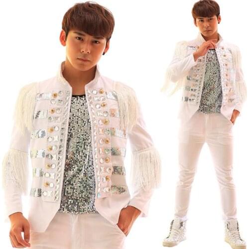 Men tassel diamond blazer designs homme terno costumes stage clothes for singe men blazer dance jacket style dress white punk