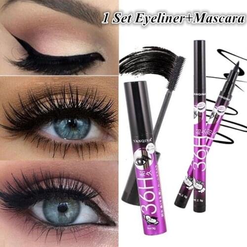 2 Pc Big Eyes Makeup Set Black Mascara + Eyeliner Pen Waterproof 4D Fiber Mascaras Make Up Cosmetics Kit Eye Liner Pencil