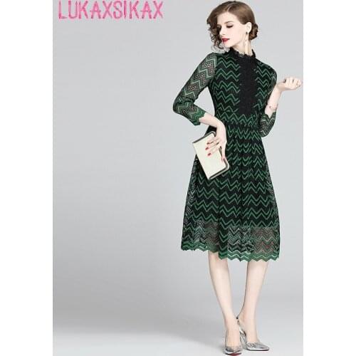 LUKAXSIKAX 2020 New Spring Autumn Women Dress High Quality Green Wavy Stripes Lace Dress Elegant Slim Party Dresses