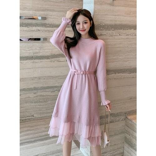 Dress spring and winter new waist slimming mid-length knitted sweater dress with belt mesh patchwork maxi long dresses